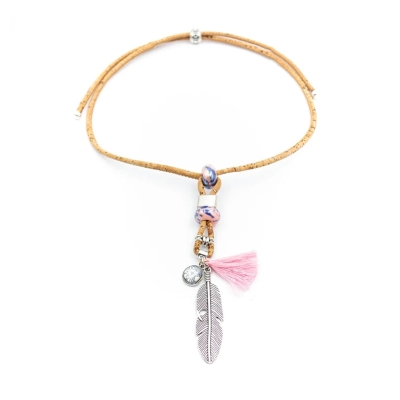 Natural Cork necklace with pink tassel - vegan jewelry N-142-1-RANDOM