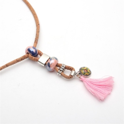 Natural Cork necklace with pink tassel - vegan jewelry N-142-1-RANDOM