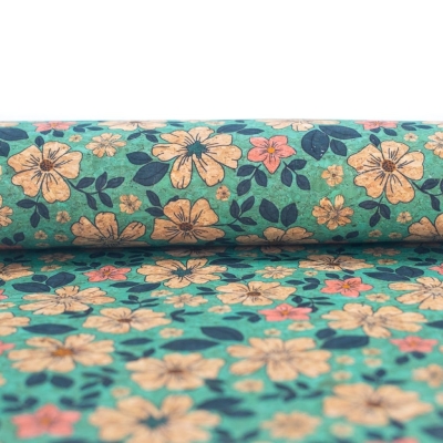 Green Flowers Pattern Cork Fabric COF-335-B