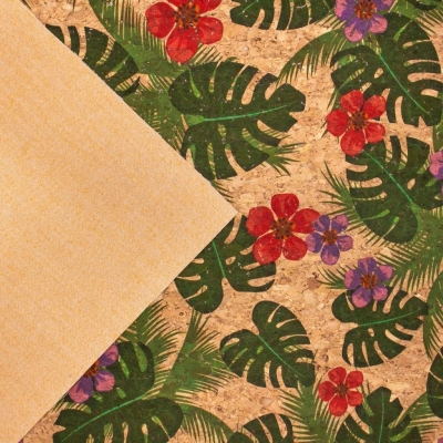 Green Palm Leaves and Flowers Cork Fabric COF-394