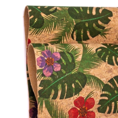 Green Palm Leaves and Flowers Cork Fabric COF-394