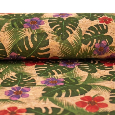 Green Palm Leaves and Flowers Cork Fabric COF-394