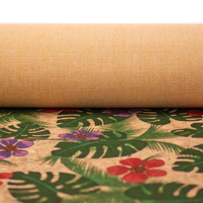 Green Palm Leaves and Flowers Cork Fabric COF-394