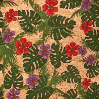 Green Palm Leaves and Flowers Cork Fabric COF-394