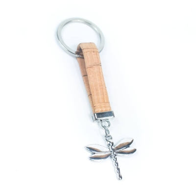 10MM flat natural colored cork cord and dragonfly pendant handmade cork keychain  I-03-B-MIX-10