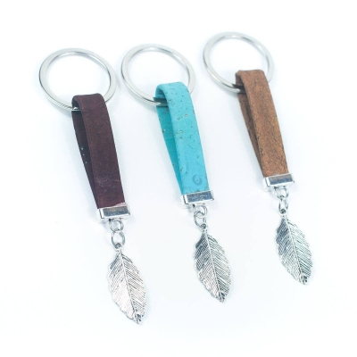 10MM flat natural colored cork cord and Leaves pendant handmade cork keychain  I-03-D-MIX-10