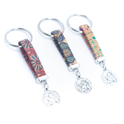 colored cork cord and Angel pendant handmade cork keychain  I-010-MIX-10