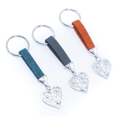 colored cork cord and heart pendant handmade cork keychain  I-012-MIX-10