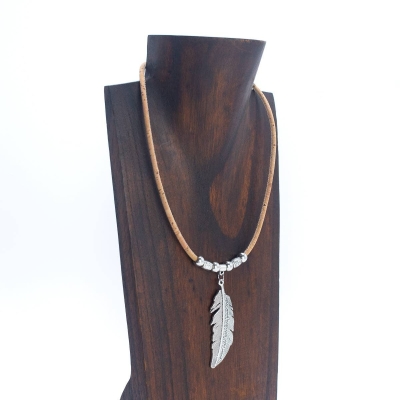 3mm round natural cork with feather pendant Handmade Cork Ne