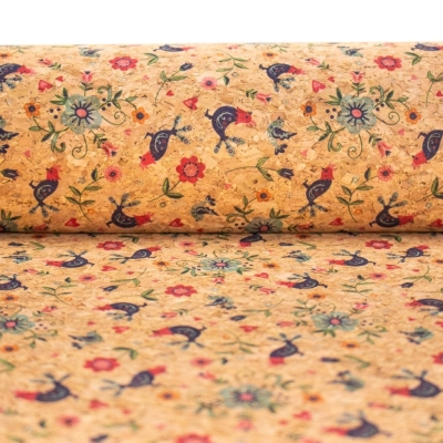 Cute birds and flowers pattern Cork fabric COF-380