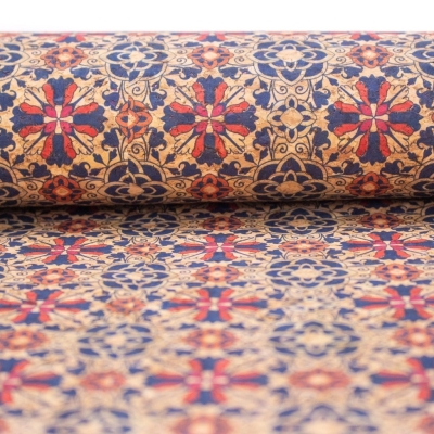 Red geometric flower pattern natural cork fabric COF-411