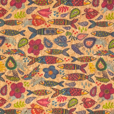 Cork fabric Fish and flower pattern natural cork fabric COF-270