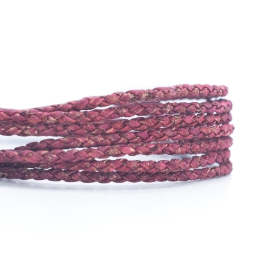 Wine red with gold braided 3mm round cork cord COR-394（10meters）