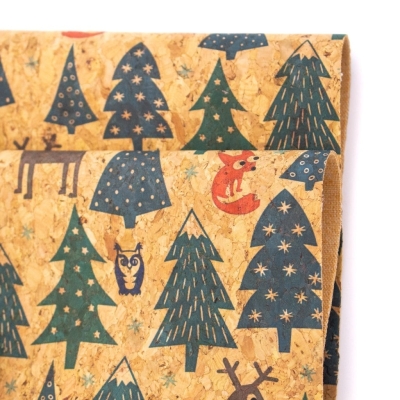 Christmas pattern tree, fox, elk and owl natural cork fabric COF-324