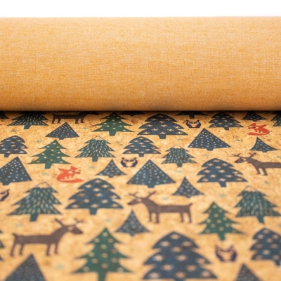 Christmas pattern tree, fox, elk and owl natural cork fabric COF-324