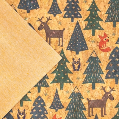 Christmas pattern tree, fox, elk and owl natural cork fabric COF-324