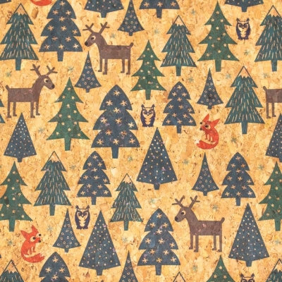 Christmas pattern tree, fox, elk and owl natural cork fabric COF-324