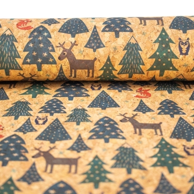 Christmas pattern tree, fox, elk and owl natural cork fabric COF-324