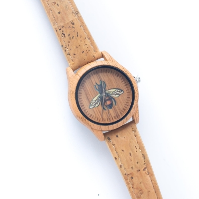 Vintage Ladies Watch with Natural Cork Strap and Bee Pattern Dial WA-303 (with Random box)