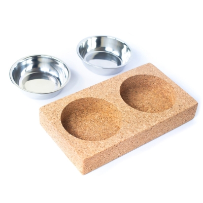 Cork Base and Stainless Steel Double Bowl Pet Food Dish L-925