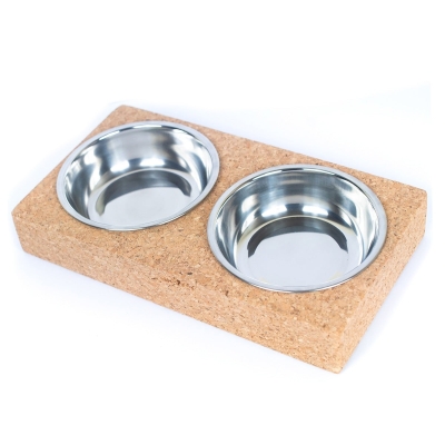 Cork Base and Stainless Steel Double Bowl Pet Food Dish L-925