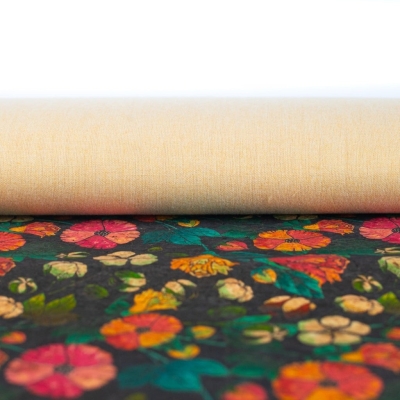 Natural Cork Fabric with Flower Print on Black Cork Background COF-474