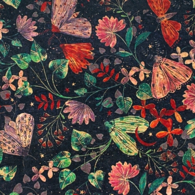 Naturally Cork Fabric with Butterfly and Floral Patterns on Black Background COF-313-A