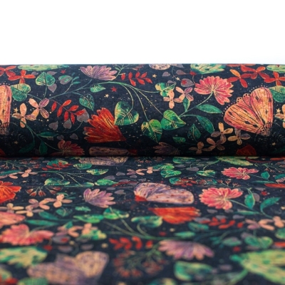 Naturally Cork Fabric with Butterfly and Floral Patterns on Black Background COF-313-A